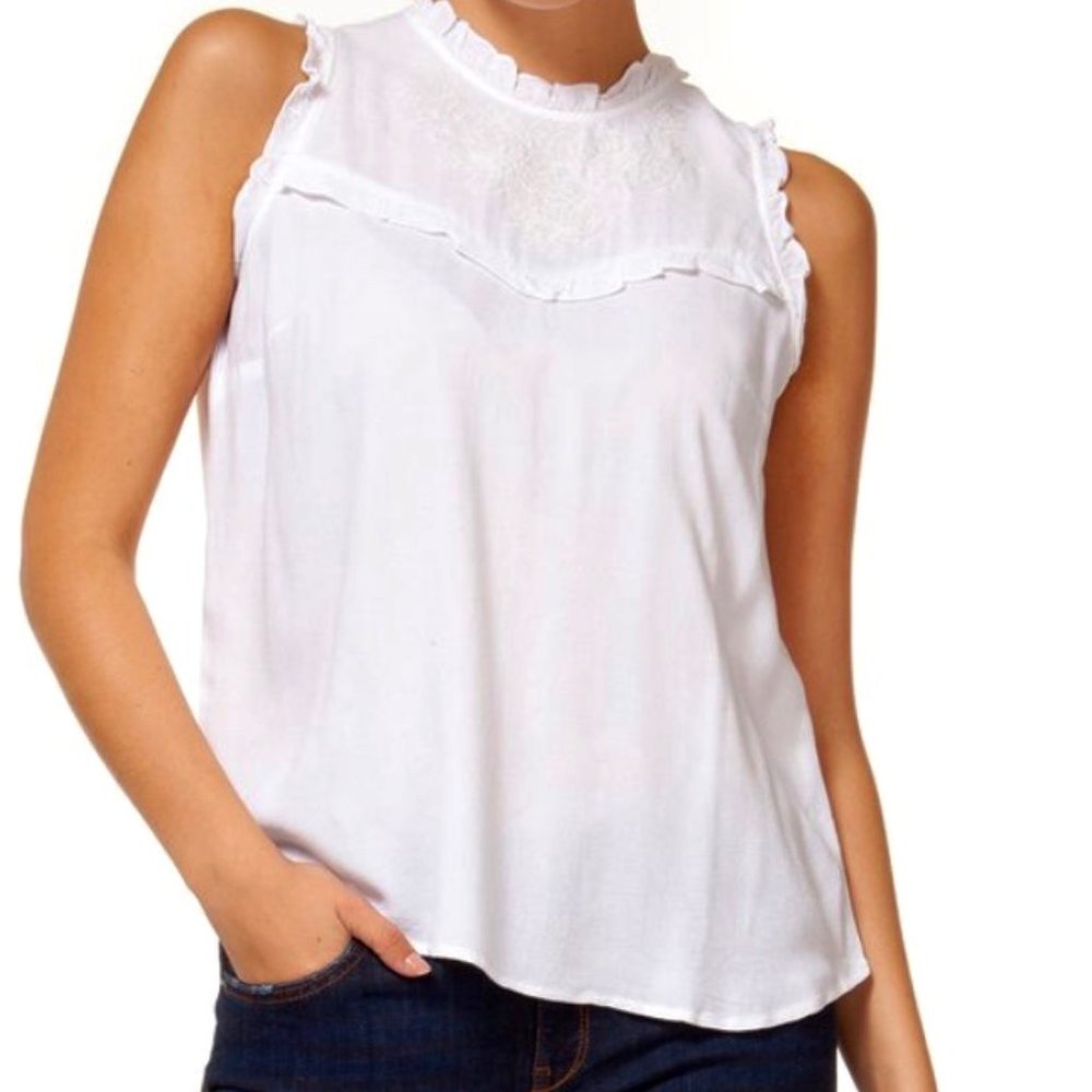 Dex White Sleeveless Blouse with Floral Embroidery, Ruffle Trim - NWT - Picture 1 of 13